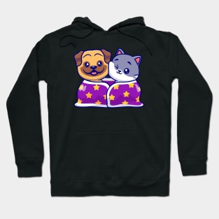 Cute Pug Dog And Cat Wearing Blanket Together Cartoon Hoodie